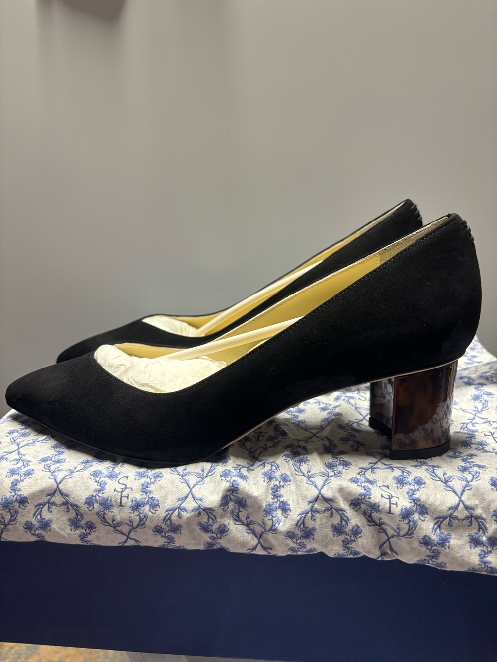 Sarah Flint Black Suede Block Heel Pumps with Tortoiseshell Heel